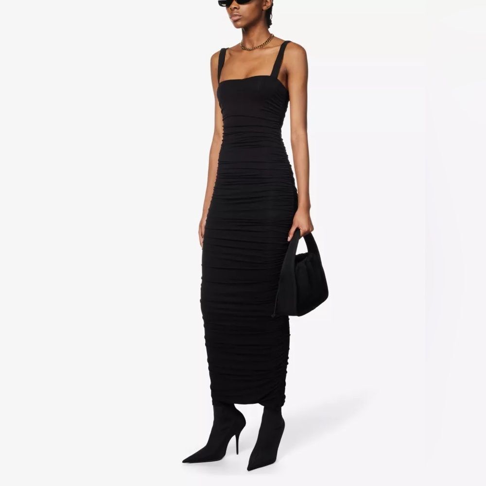 GOOD AMERICAN Ruched Square-neck stretch-rayon Maxi dress in Black NWT